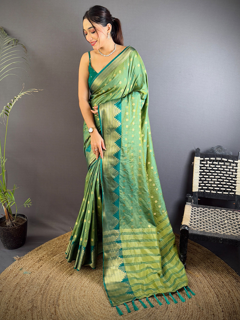 Green Banarasi Silk Saree with Gold Zari Butta & Contrast Woven Pallu
