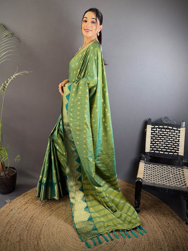 Green Soft Silk Banarasi Saree with Gold Zari Weaving & Contrast Teal Border