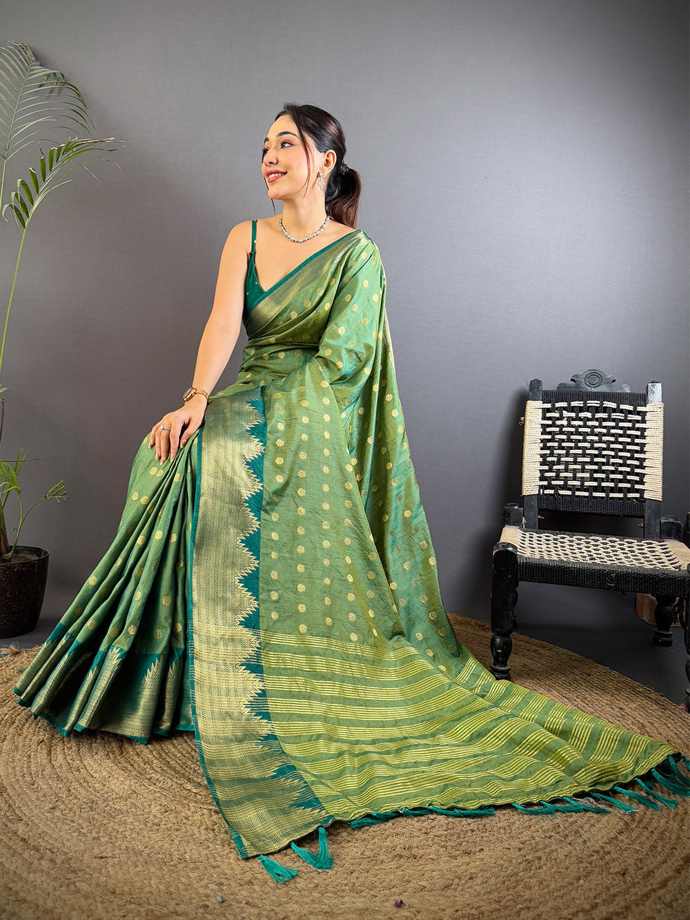 Green Banarasi Silk Saree with Gold Zari Butta & Contrast Woven Pallu
