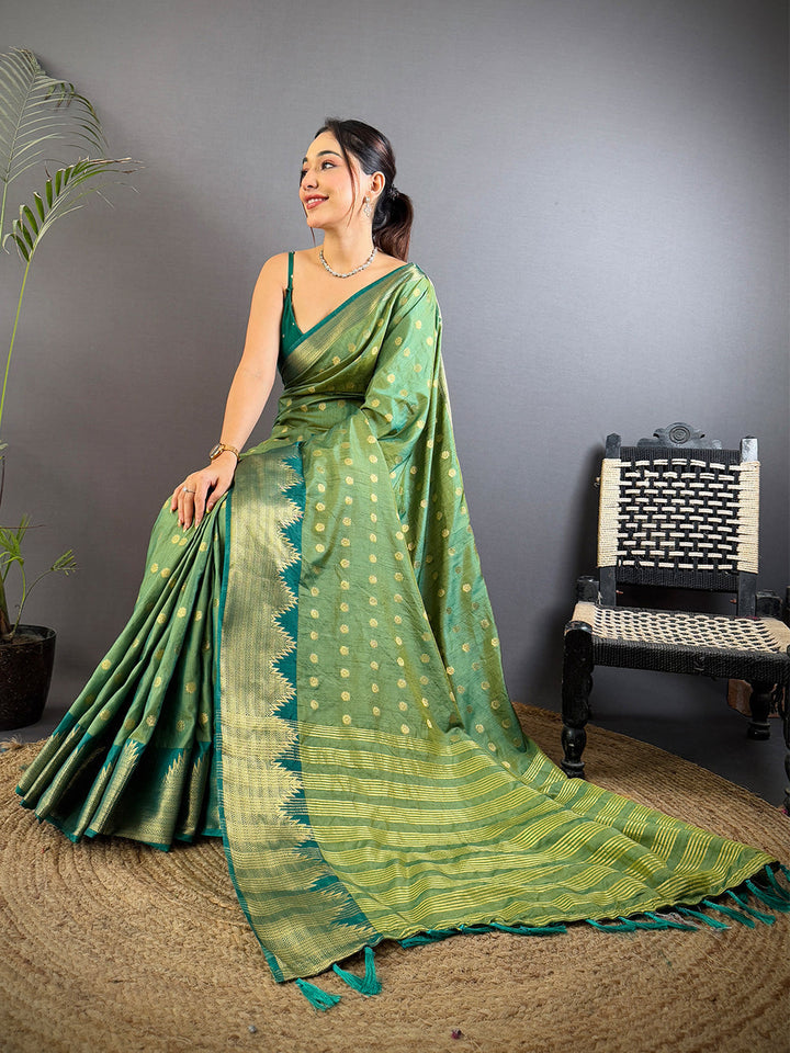 Green Banarasi Silk Saree with Gold Zari Butta & Contrast Woven Pallu