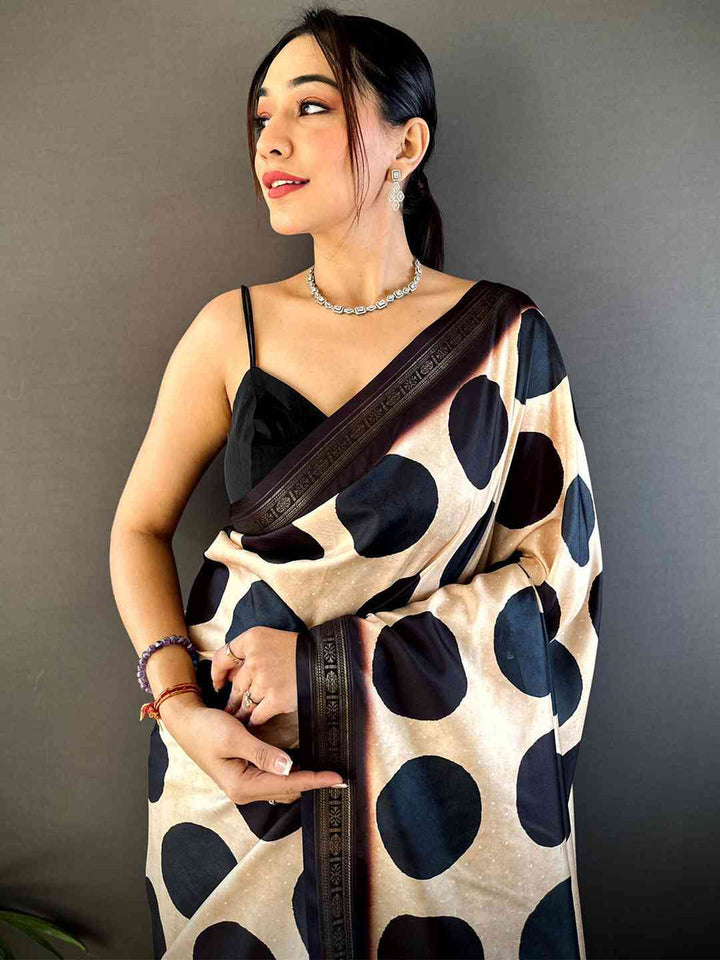 Beige & Black Polka Dot Silk Saree with Traditional Kalamkari Style Pallu