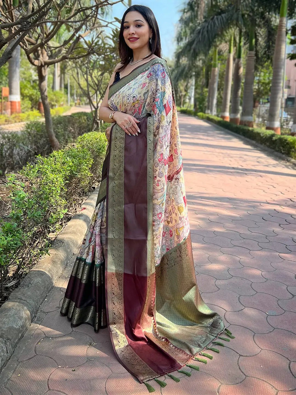 Cream Multicolor Printed Banarasi Silk Saree with Maroon & Olive Zari Border