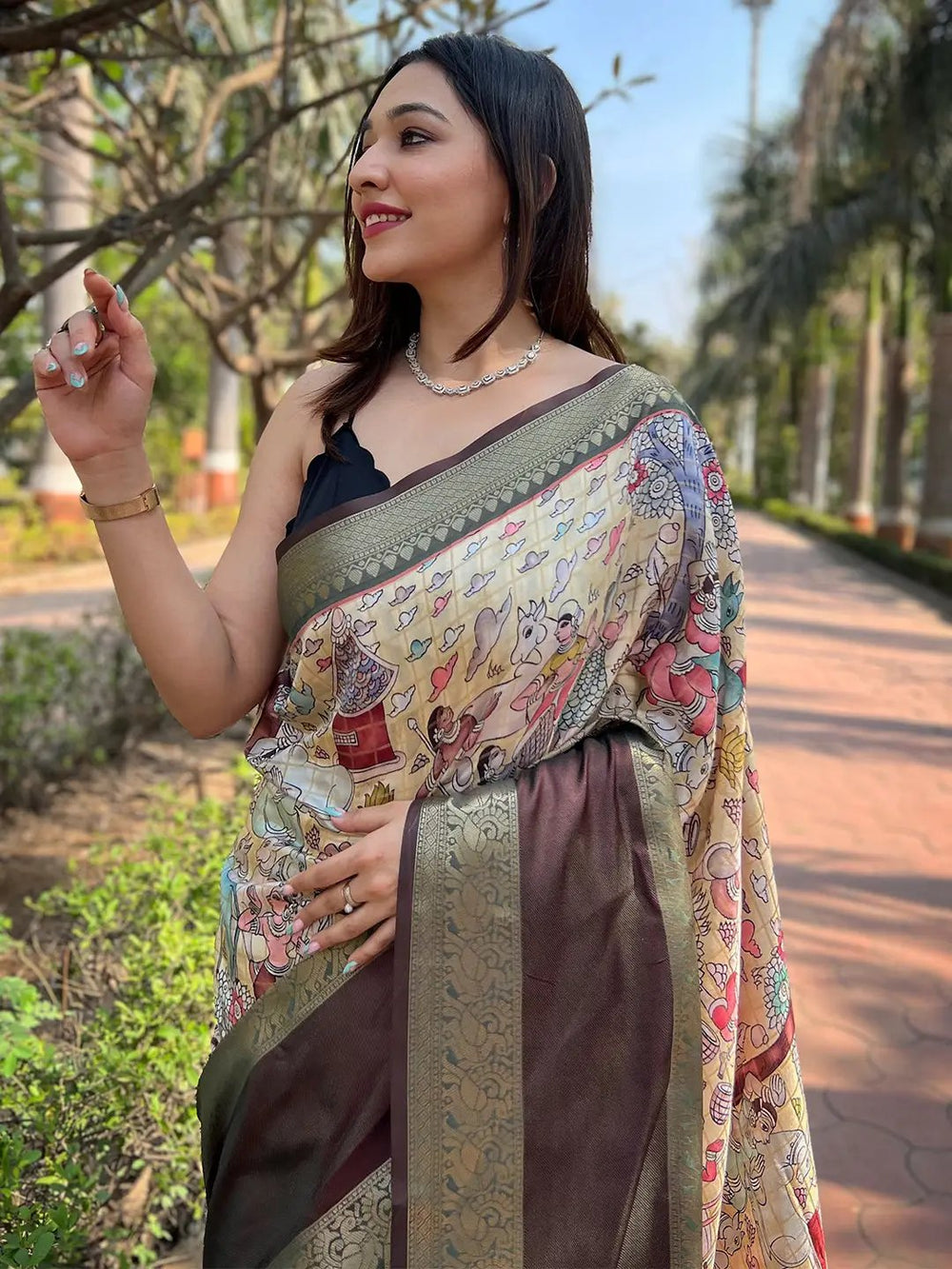 Cream Multicolor Printed Banarasi Silk Saree with Maroon & Olive Zari Border