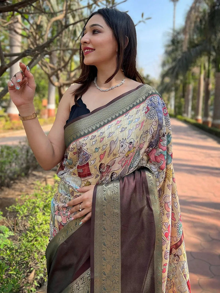 Cream Multicolor Printed Banarasi Silk Saree with Maroon & Olive Zari Border