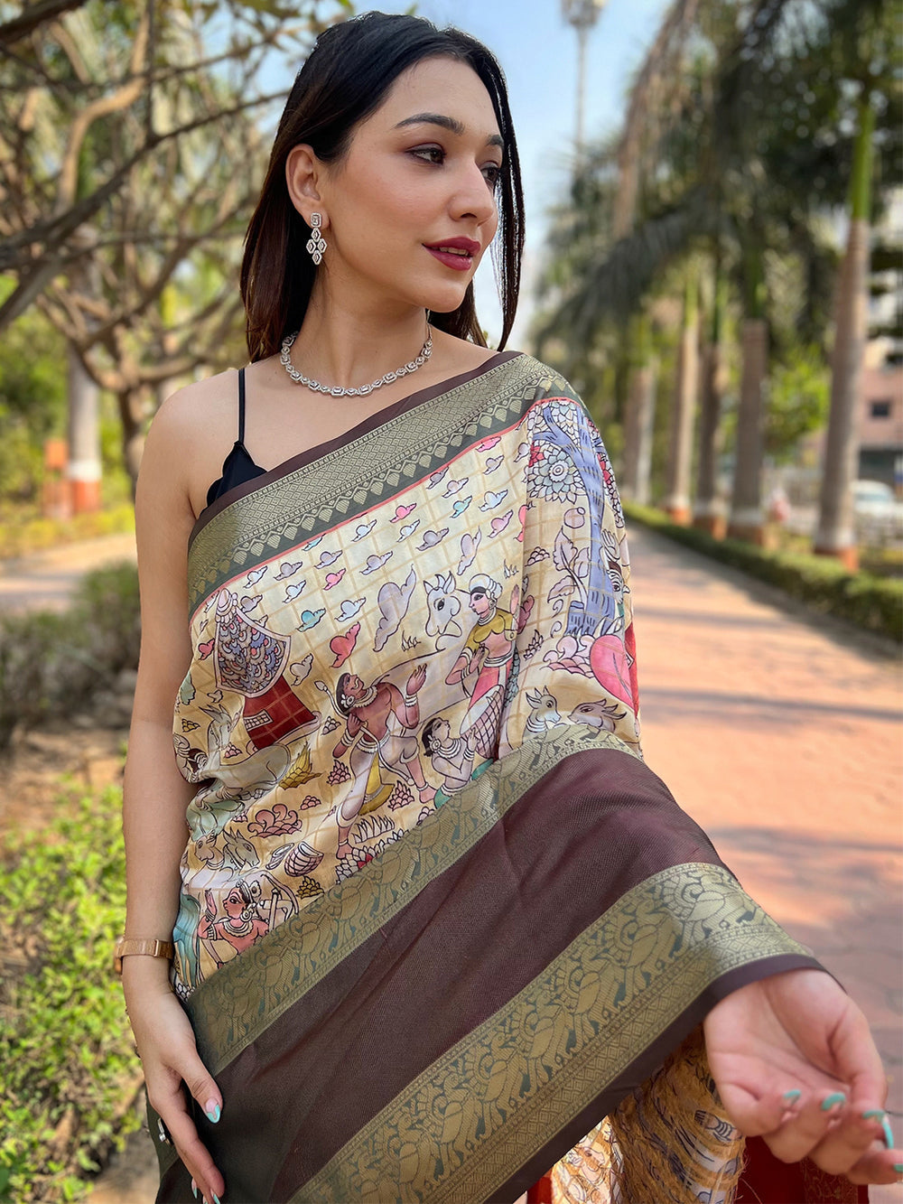 Cream Multicolor Printed Banarasi Silk Saree with Maroon & Olive Zari Border