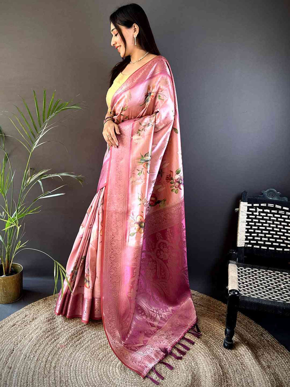 Pink Soft Silk Saree with Floral Print & Rich Banarasi Zari Pallu