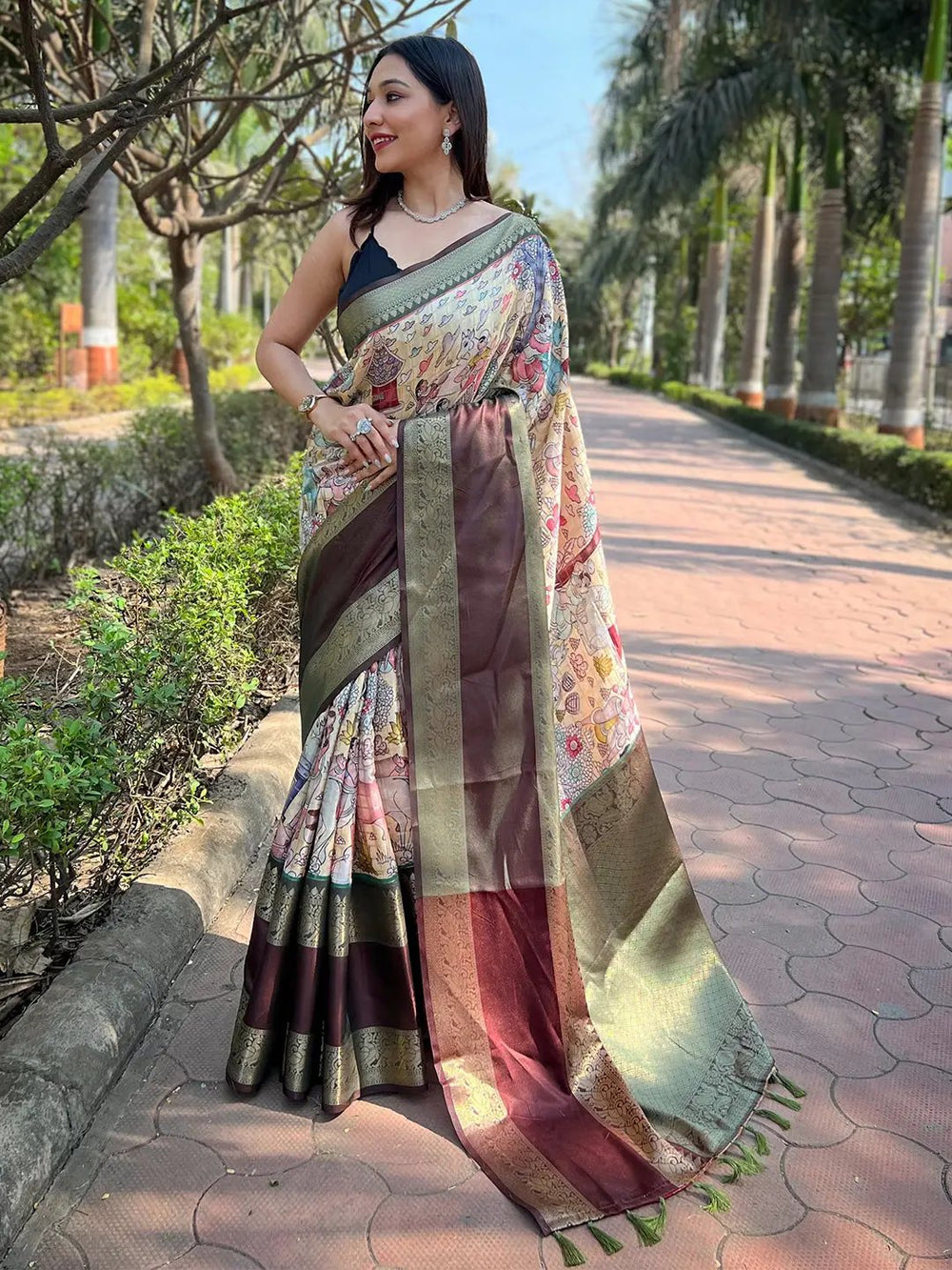 Cream Multicolor Printed Banarasi Silk Saree with Maroon & Olive Zari Border