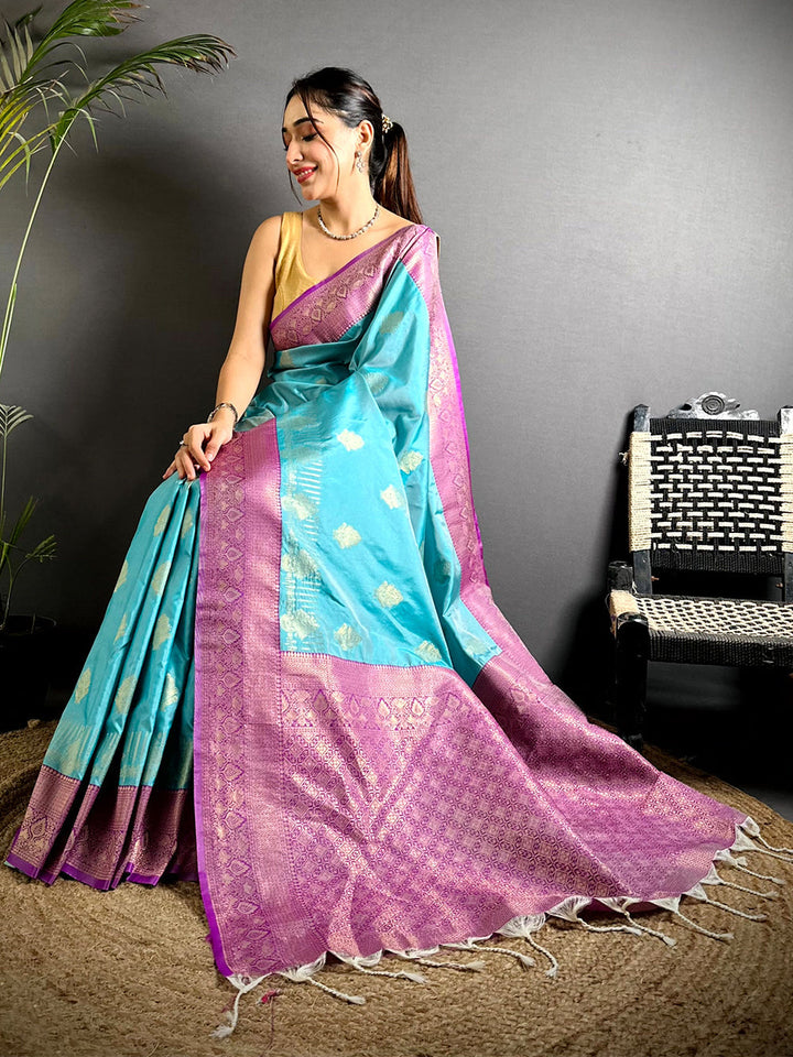 Turquoise Blue Soft Silk Saree with Pink Zari Weaving Border & Butta Work