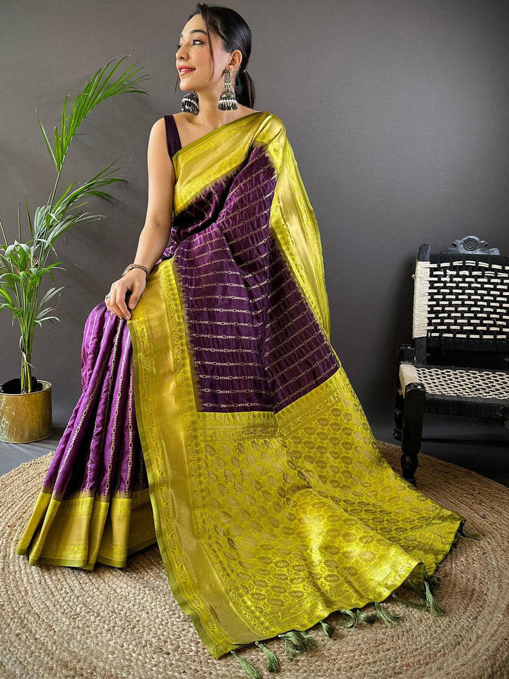 Purple & Yellow Banarasi Silk Saree with Contrast Zari Border and Traditional Woven Pallu
