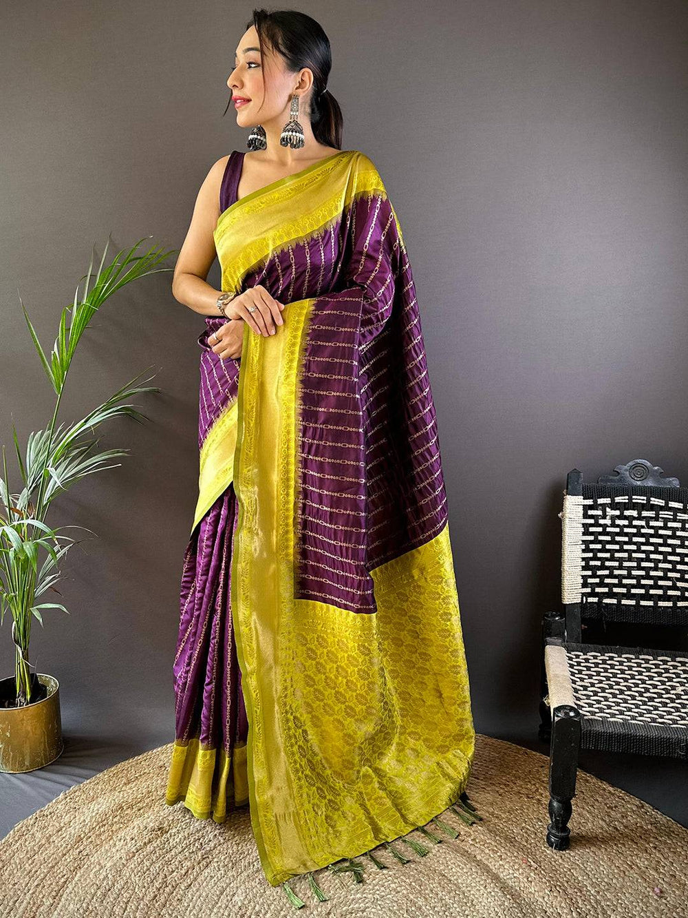 Purple & Yellow Banarasi Silk Saree with Contrast Zari Border and Traditional Woven Pallu