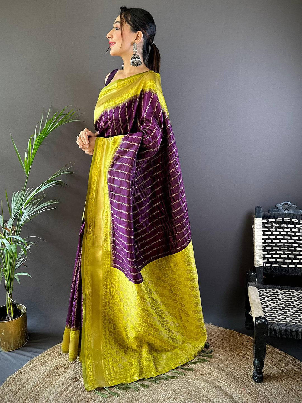 Purple & Yellow Banarasi Silk Saree with Contrast Zari Border and Traditional Woven Pallu