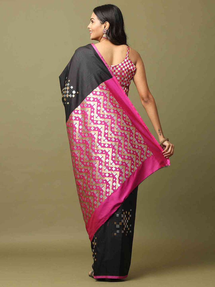 Black Mirror Work Silk Saree with Pink Border & Geometric Pattern