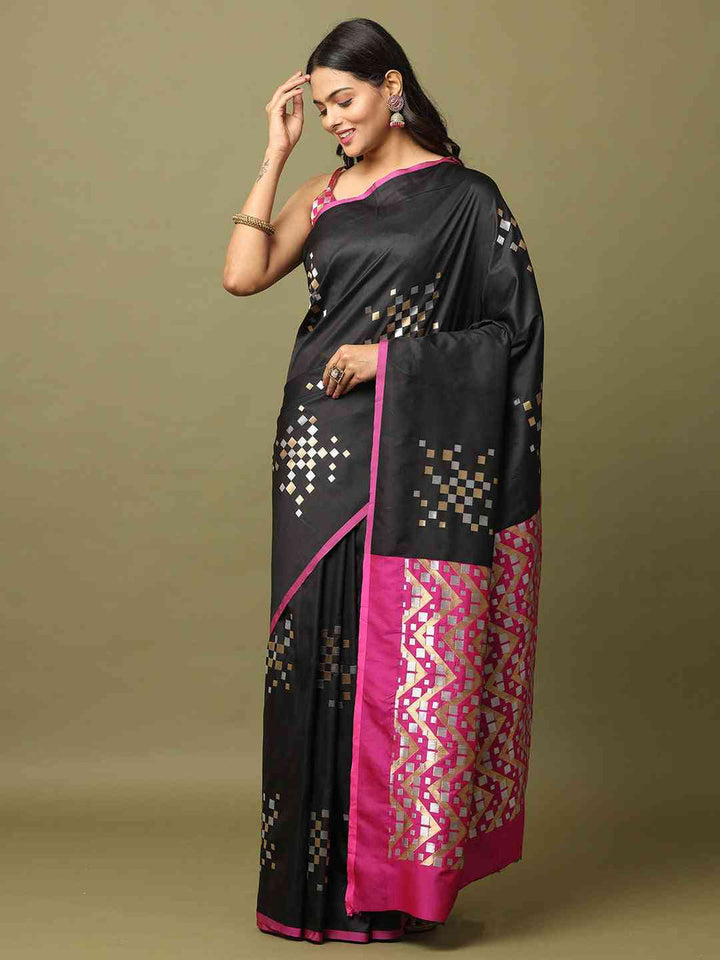 Black Mirror Work Silk Saree with Pink Border & Geometric Pattern