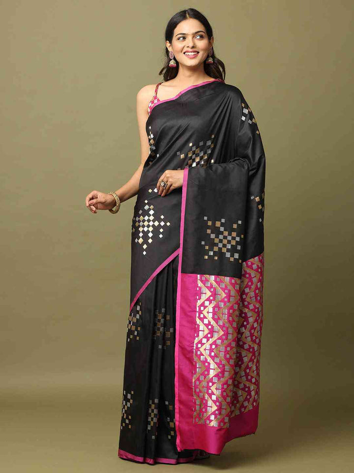 Black Mirror Work Silk Saree with Pink Border & Geometric Pattern