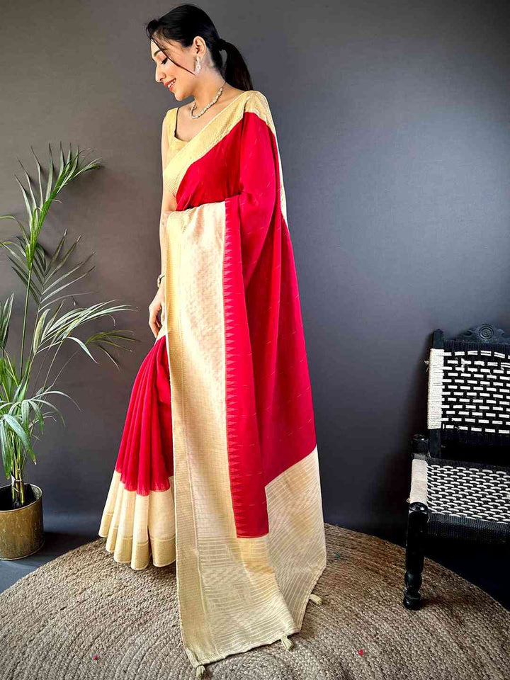 Cream & Red Banarasi Silk Saree with Contrast Border and Elegant Zari Weaving