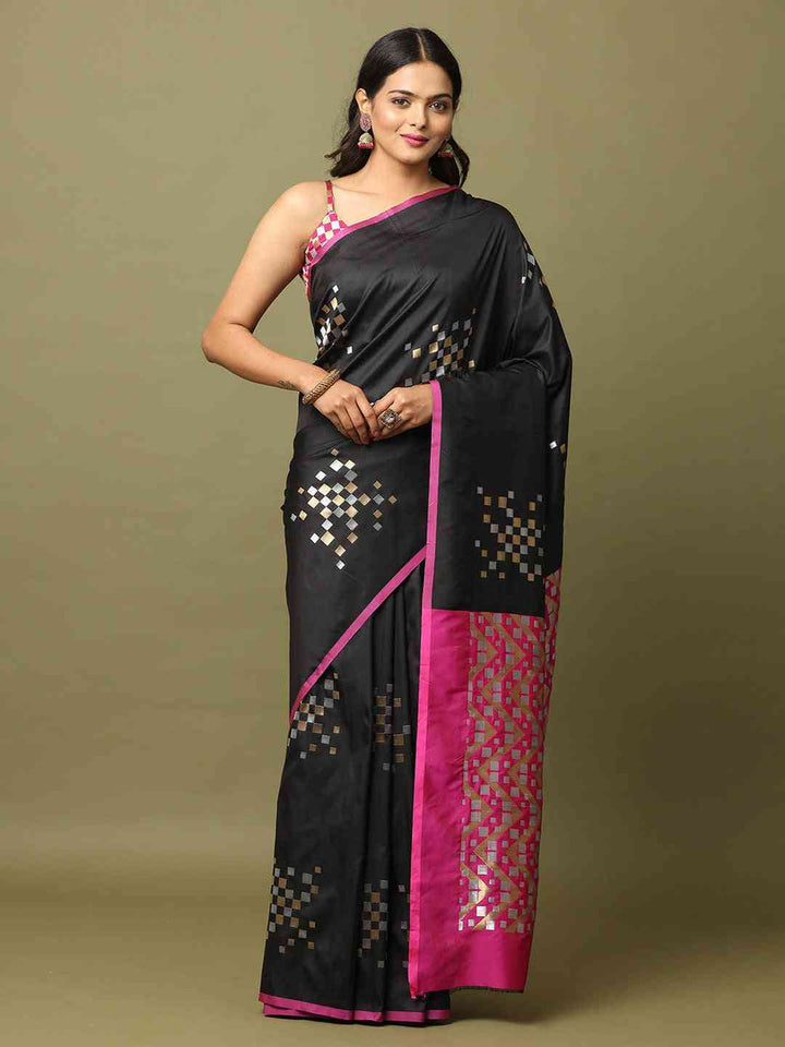 Black Mirror Work Silk Saree with Pink Border & Geometric Pattern