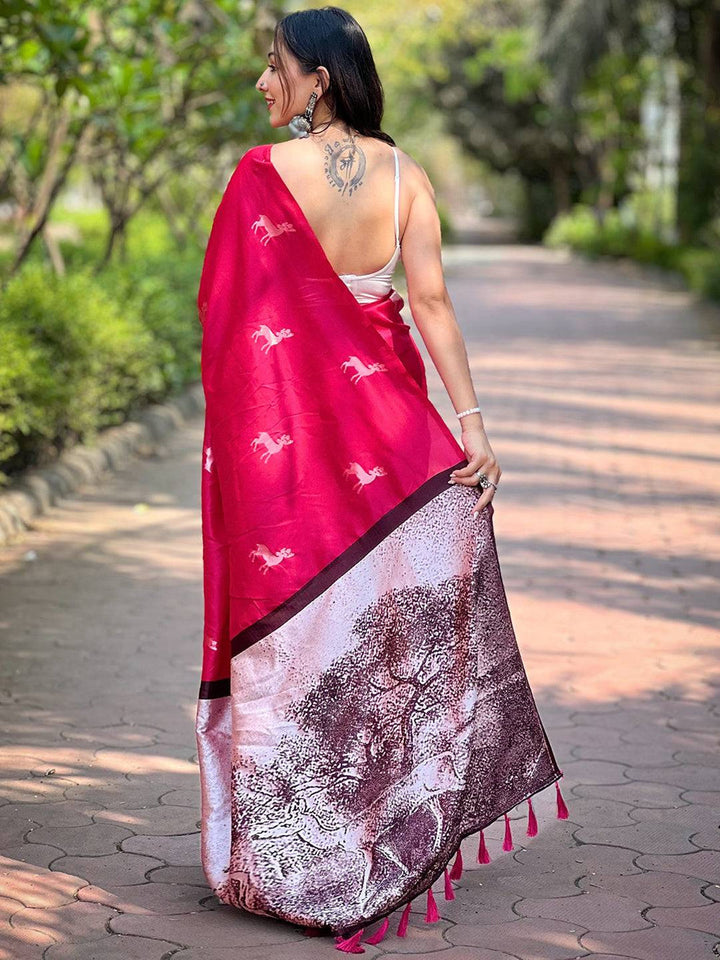Pink Printed Silk Saree with Deer Motifs & Artistic Forest Themed Pallu