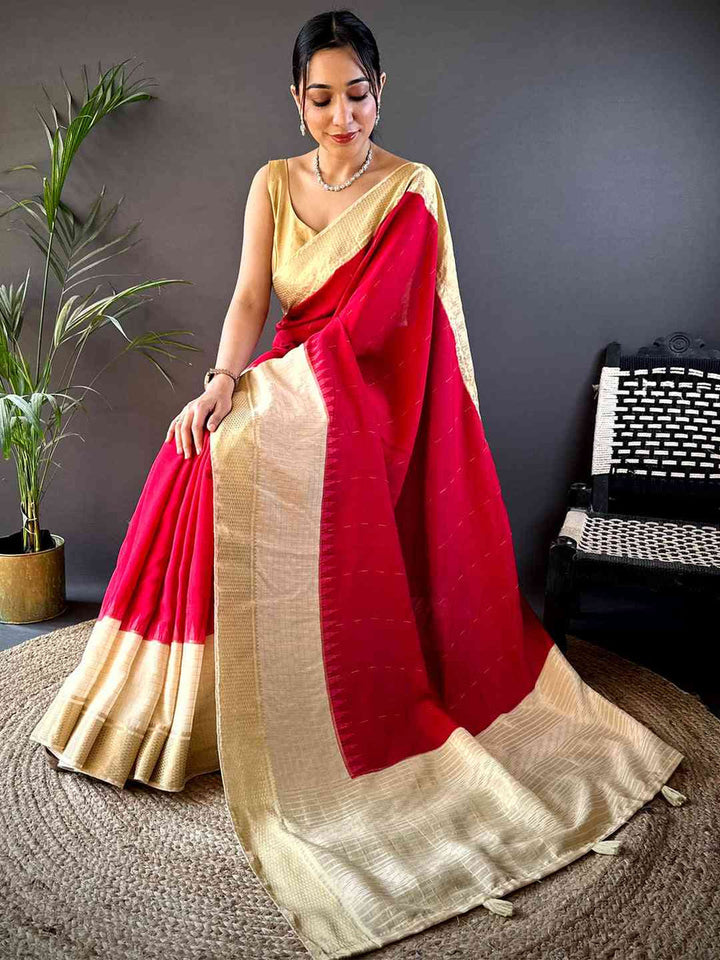 Cream & Red Banarasi Silk Saree with Contrast Border and Elegant Zari Weaving