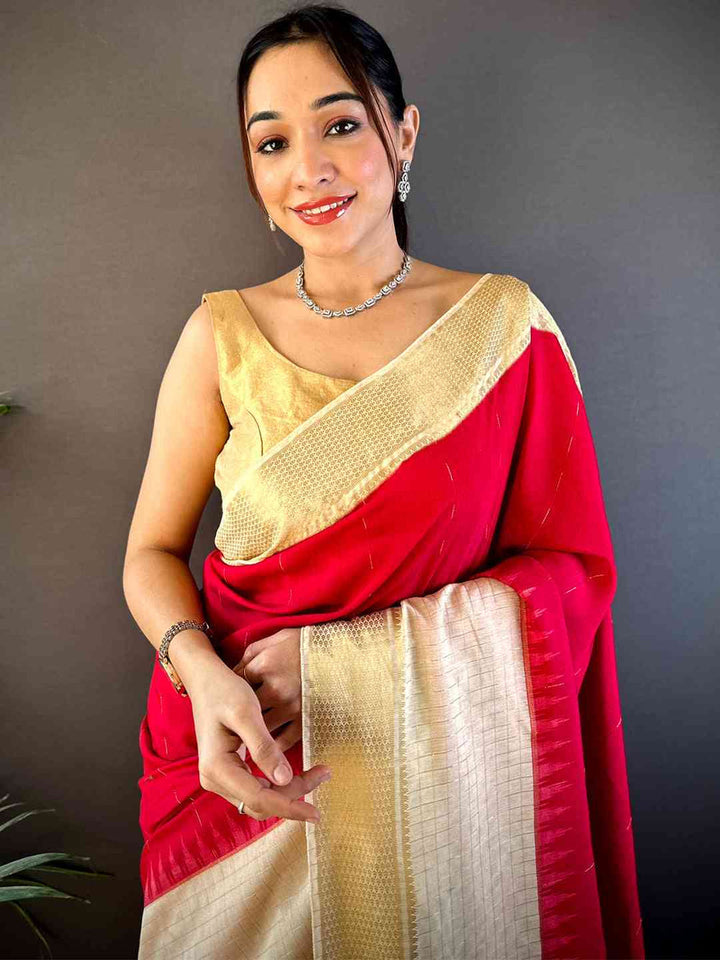 Cream & Red Banarasi Silk Saree with Contrast Border and Elegant Zari Weaving