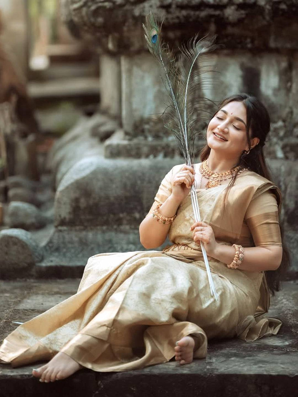 Golden Kanjivaram Silk Saree with Self Weaving Floral Design
