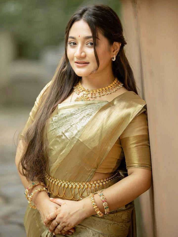 Golden Kanjivaram Silk Saree with Self Weaving Floral Design