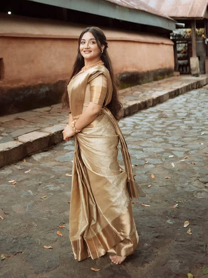 Golden Kanjivaram Silk Saree with Self Weaving Floral Design