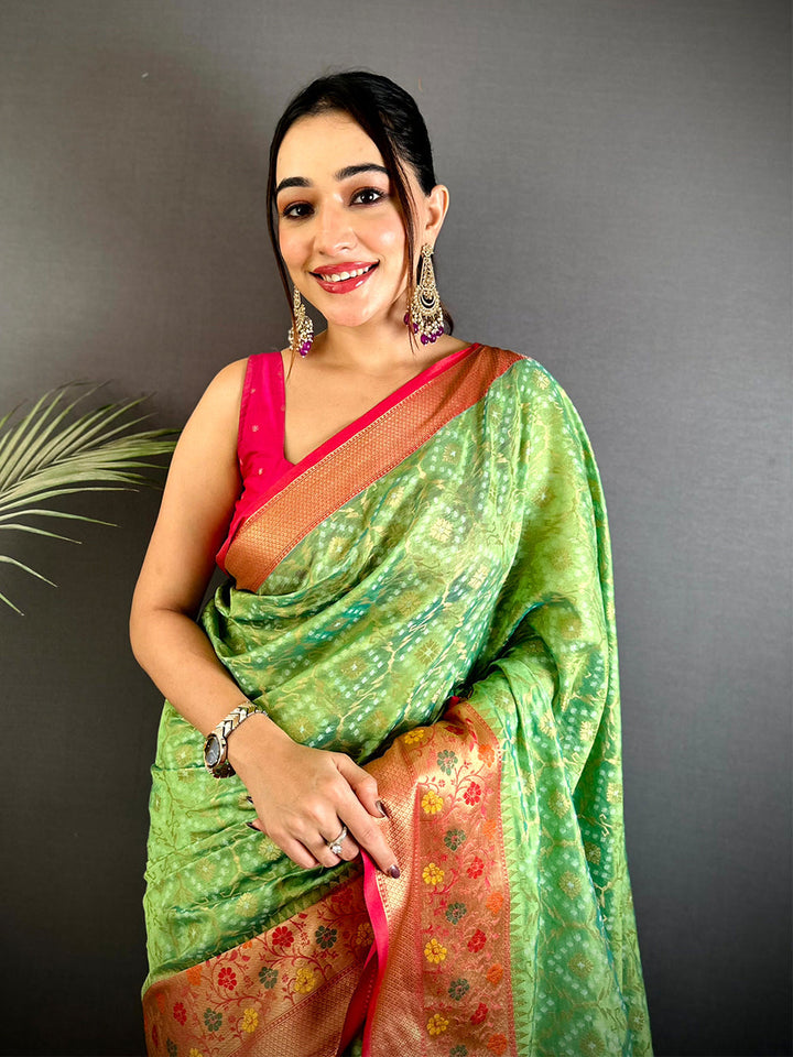 Green Bandhani Soft Silk Saree with Pink Floral Zari Border