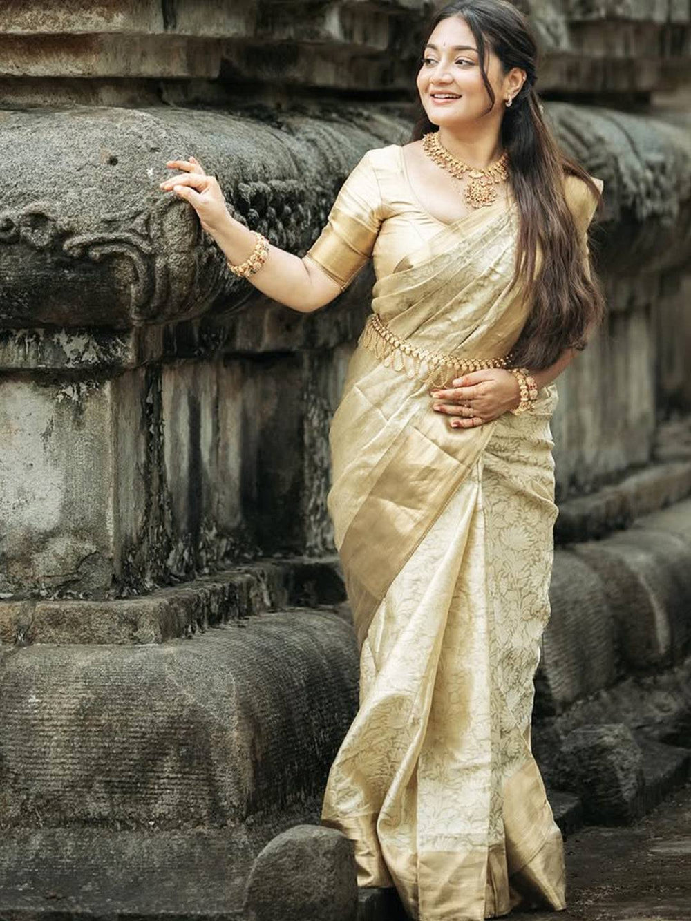 Golden Kanjivaram Silk Saree with Self Weaving Floral Design