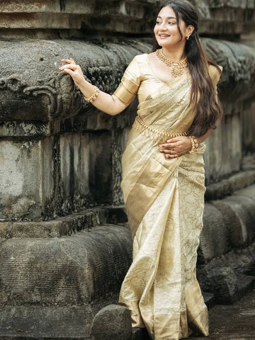 Golden Kanjivaram Silk Saree with Self Weaving Floral Design
