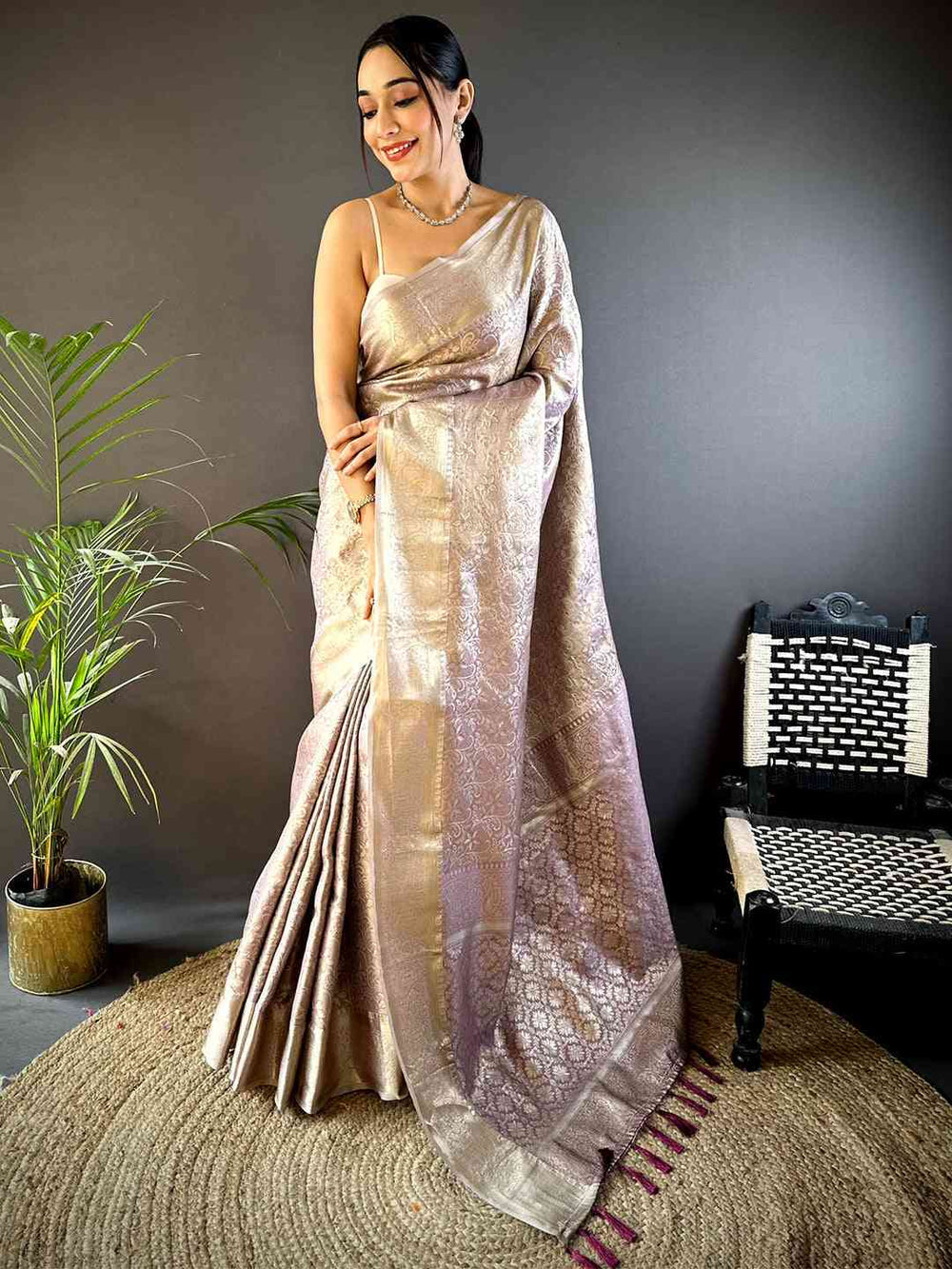 Champagne Gold Banarasi Silk Saree with Intricate Zari Weaving & Elegant Traditional Pallu