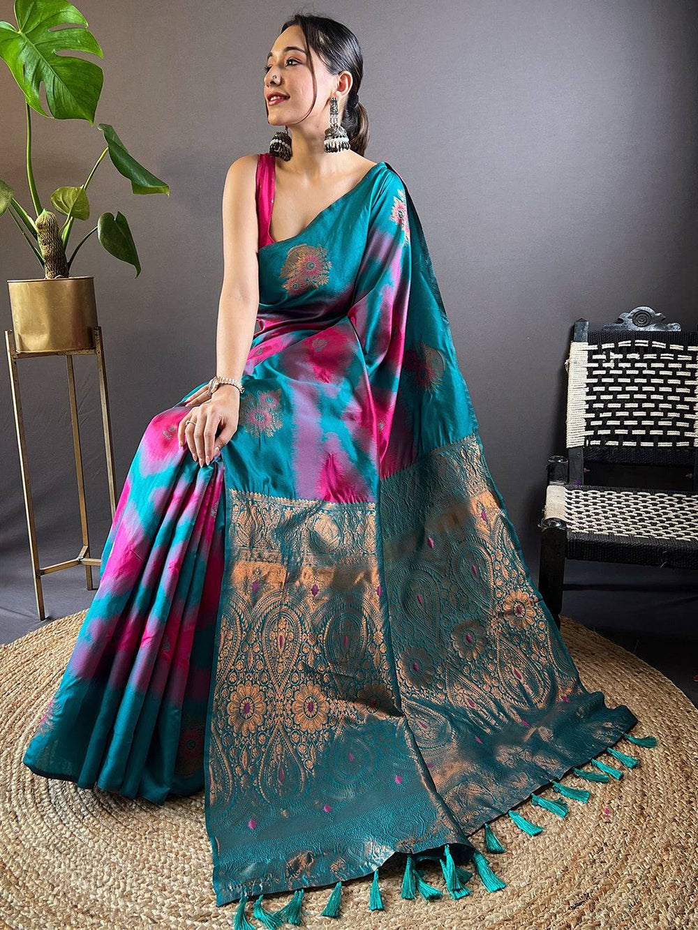 Teal & Pink Banarasi Silk Saree with Tie Dye Effect and Rich Golden Zari Pallu
