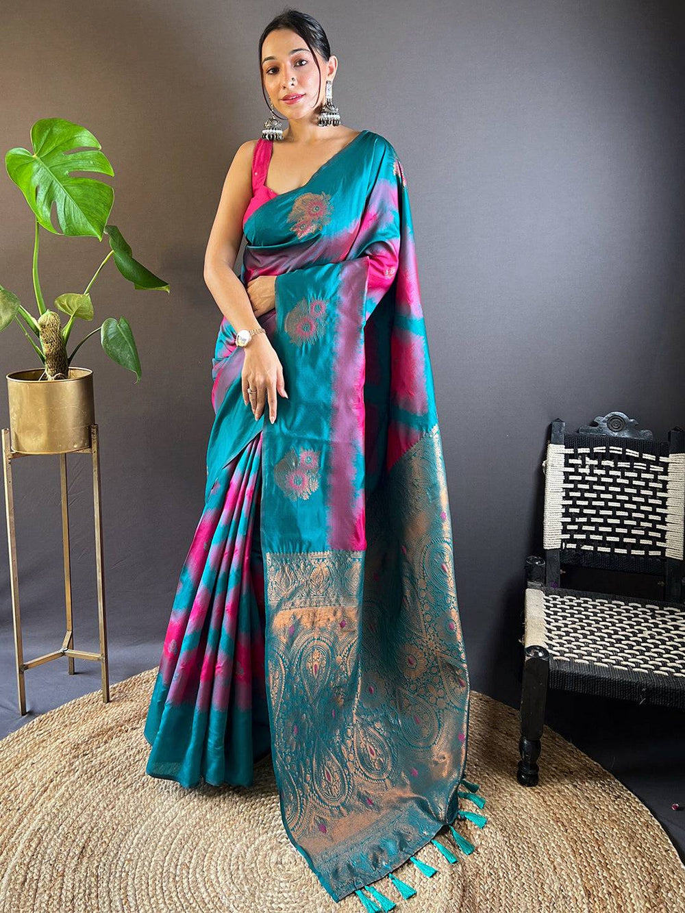 Teal & Pink Banarasi Silk Saree with Tie Dye Effect and Rich Golden Zari Pallu