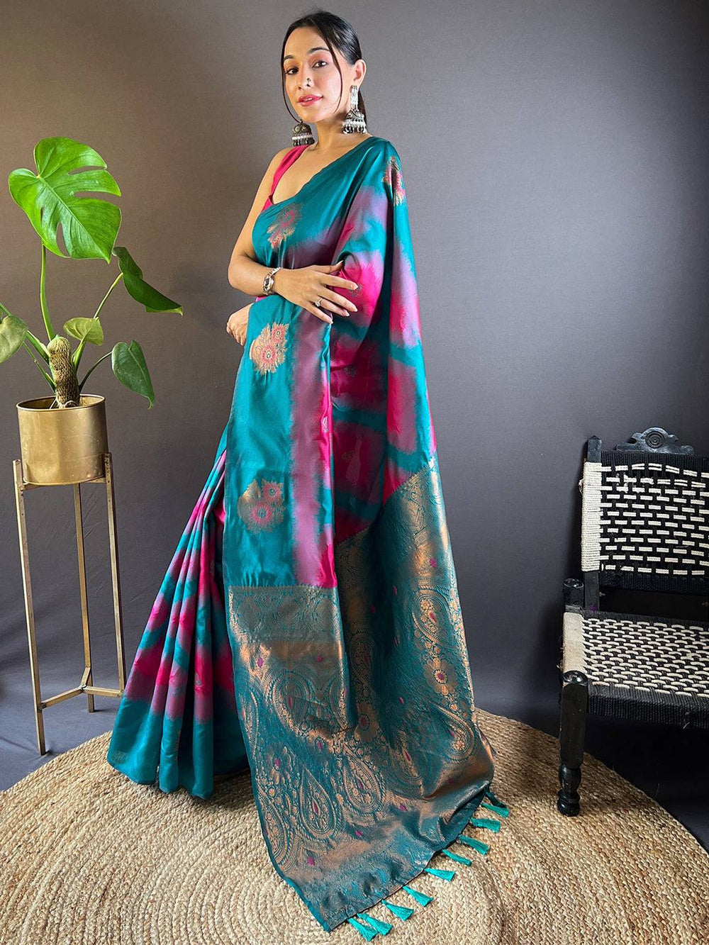 Teal & Pink Banarasi Silk Saree with Tie Dye Effect and Rich Golden Zari Pallu