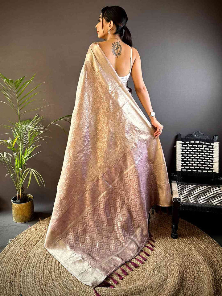 Champagne Gold Banarasi Silk Saree with Intricate Zari Weaving & Elegant Traditional Pallu