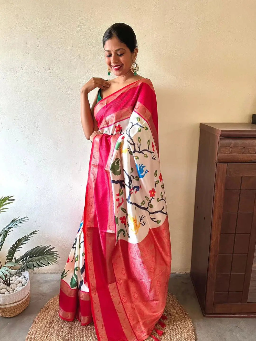 Cream & Pink Banarasi Silk Saree with Colorful Floral Print and Rich Zari Border