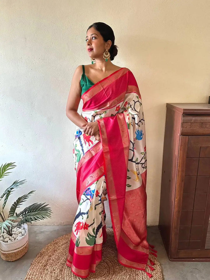 Cream & Pink Banarasi Silk Saree with Colorful Floral Print and Rich Zari Border