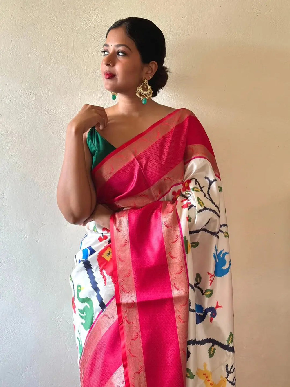 Cream & Pink Banarasi Silk Saree with Colorful Floral Print and Rich Zari Border