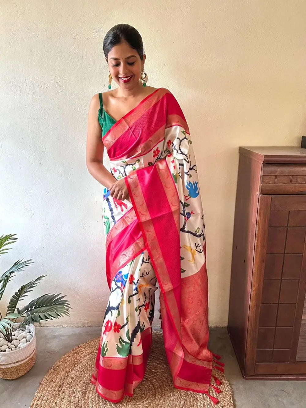 Cream & Pink Banarasi Silk Saree with Colorful Floral Print and Rich Zari Border