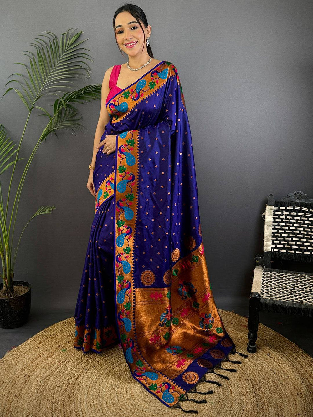 Royal Blue Banarasi Silk Saree with Peacock Motif Border & Golden Zari Weaving
