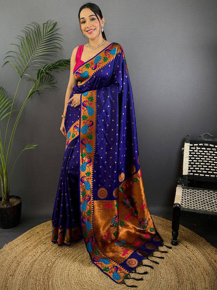 Royal Blue Banarasi Silk Saree with Peacock Motif Border & Golden Zari Weaving