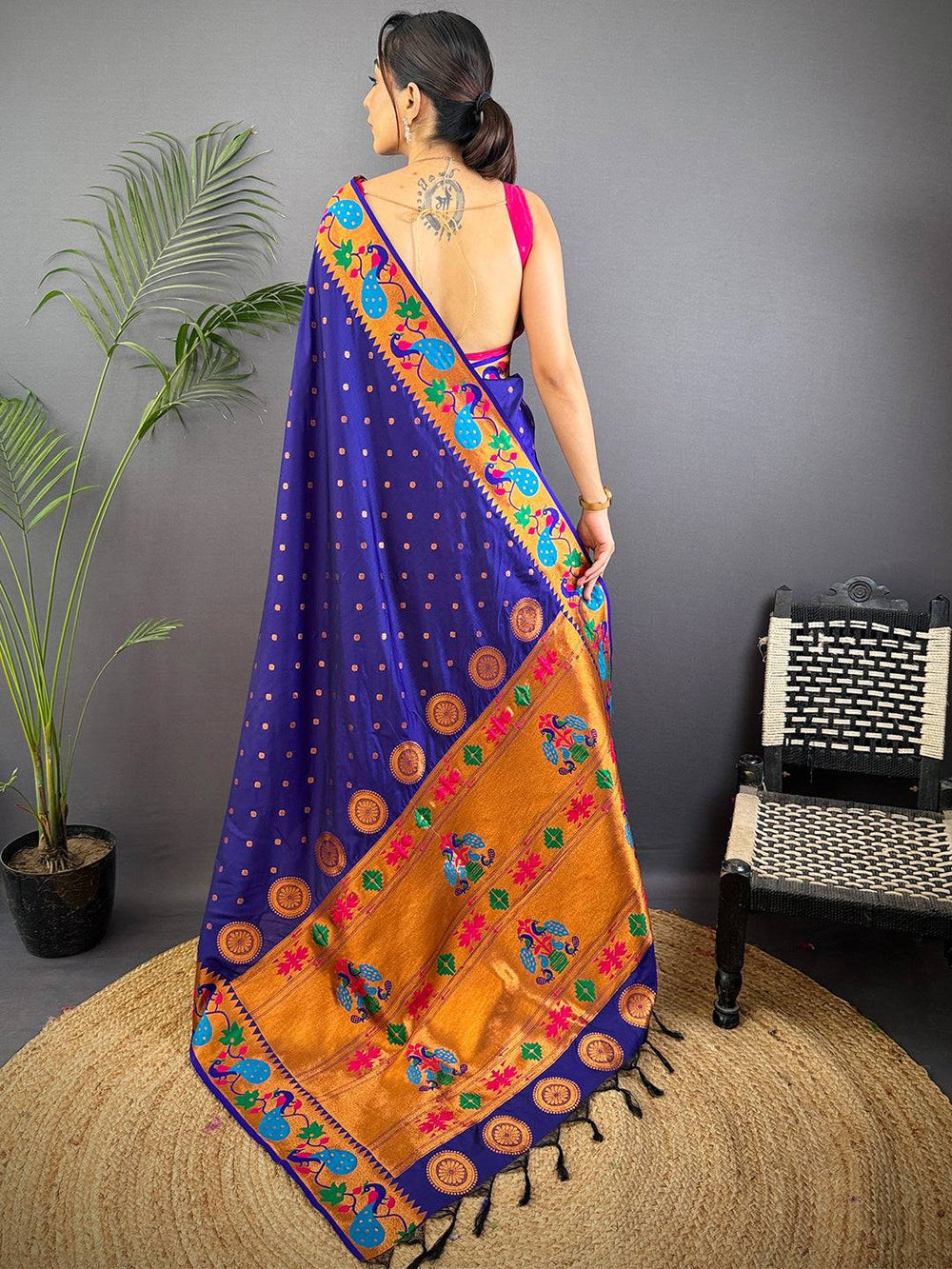 Royal Blue Banarasi Silk Saree with Peacock Motif Border & Golden Zari Weaving