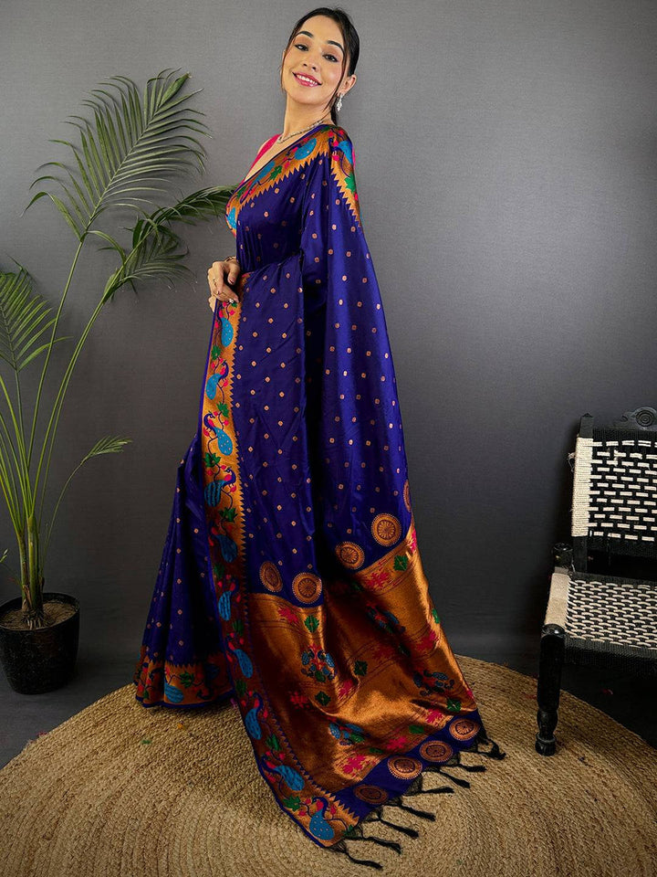 Royal Blue Banarasi Silk Saree with Peacock Motif Border & Golden Zari Weaving