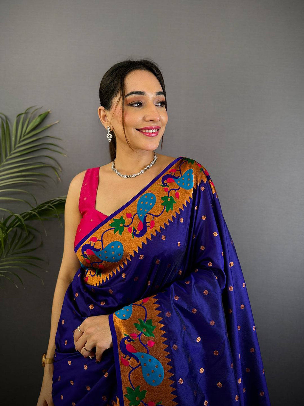 Royal Blue Banarasi Silk Saree with Peacock Motif Border & Golden Zari Weaving