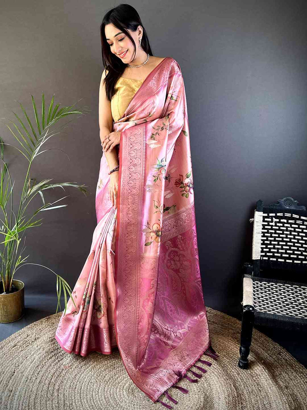 Pink Soft Silk Saree with Floral Print & Rich Banarasi Zari Pallu