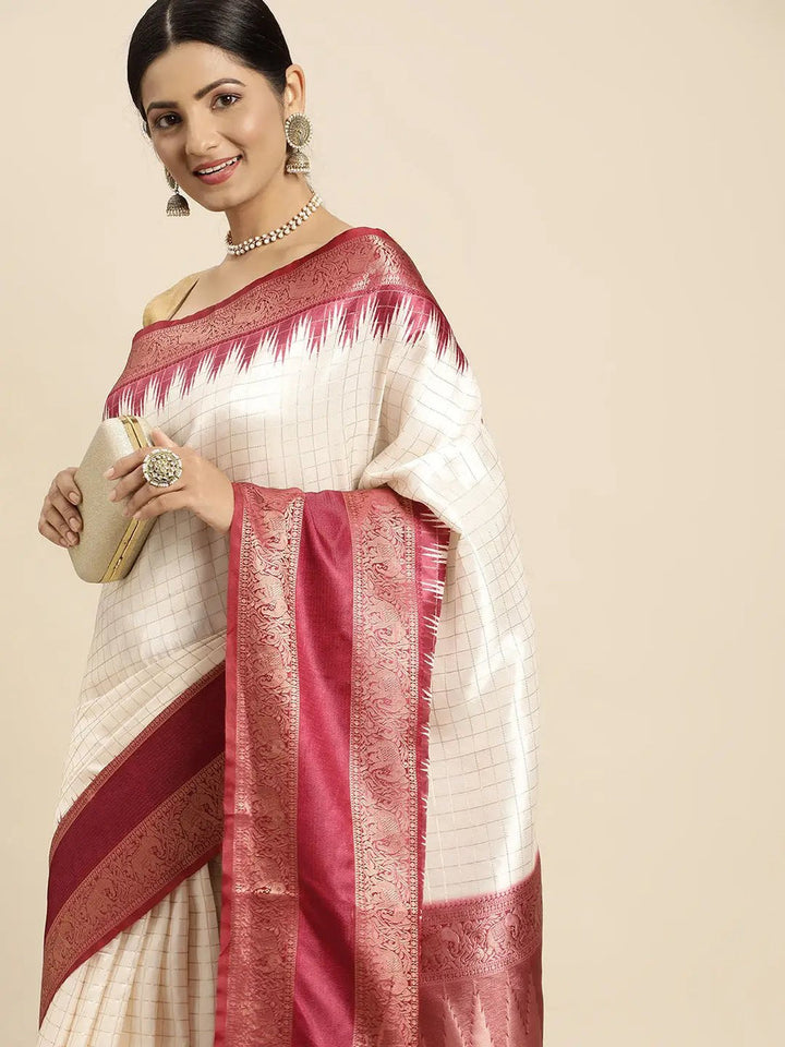 Elegant White & Maroon Banarasi Silk Saree with Rich Zari Border