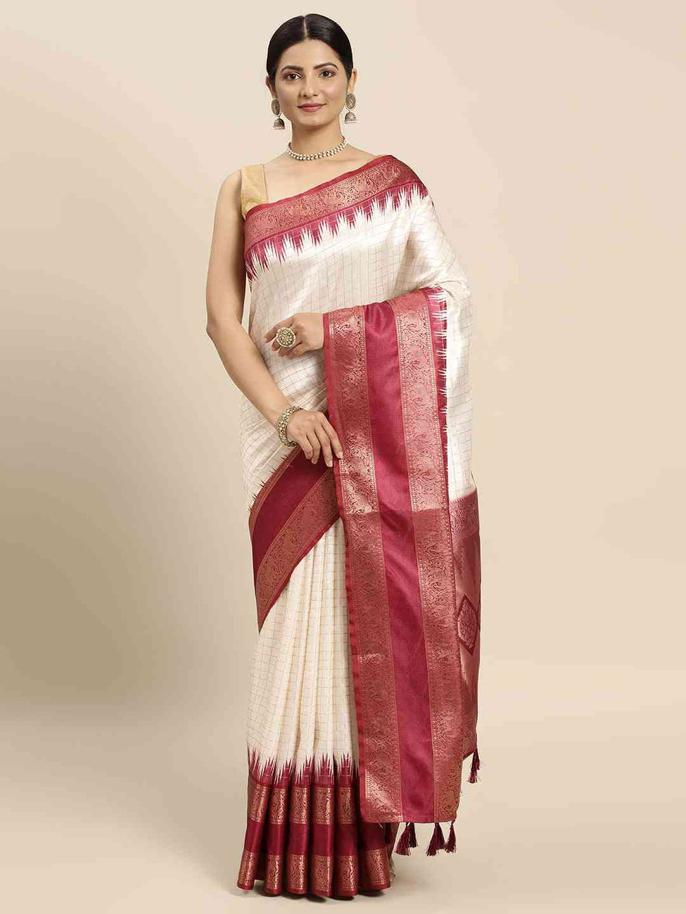 Elegant White & Maroon Banarasi Silk Saree with Rich Zari Border