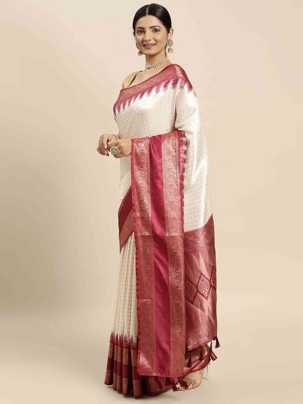 Elegant White & Maroon Banarasi Silk Saree with Rich Zari Border