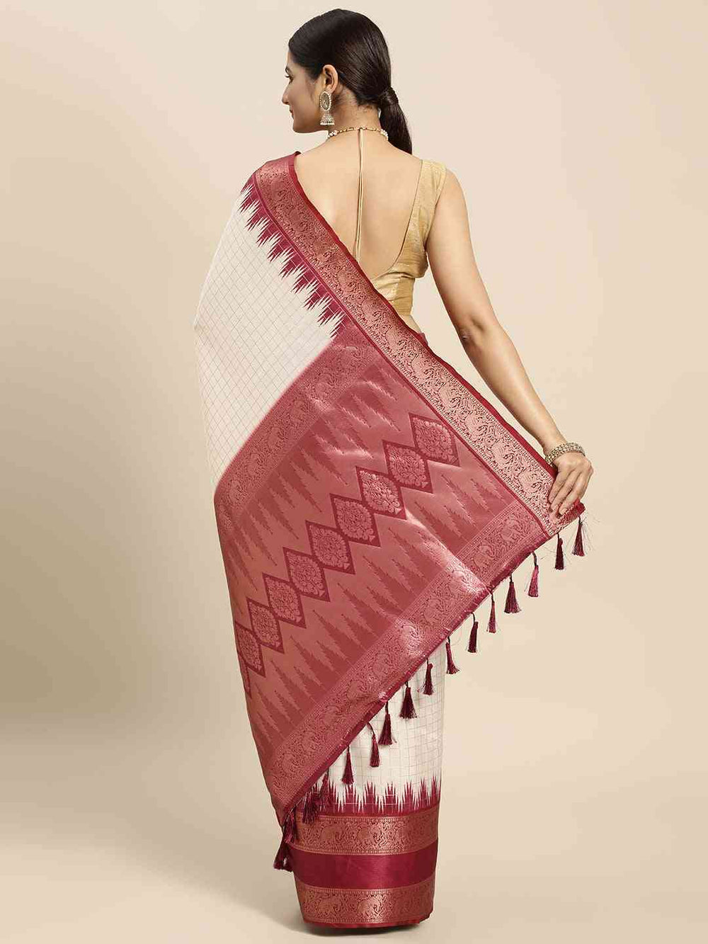Elegant White & Maroon Banarasi Silk Saree with Rich Zari Border