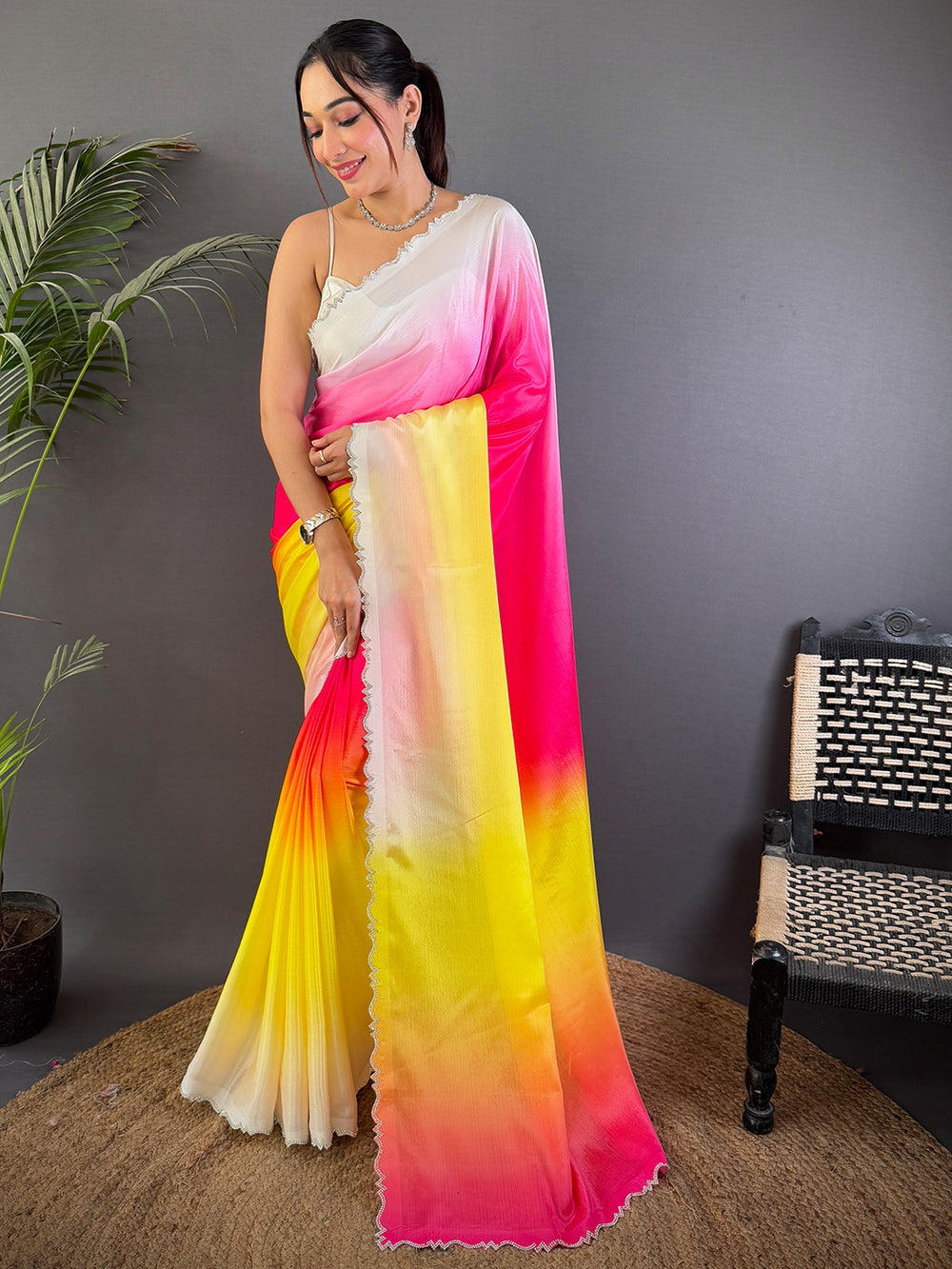 Pink Yellow Ombre Shaded Saree with Lace Border