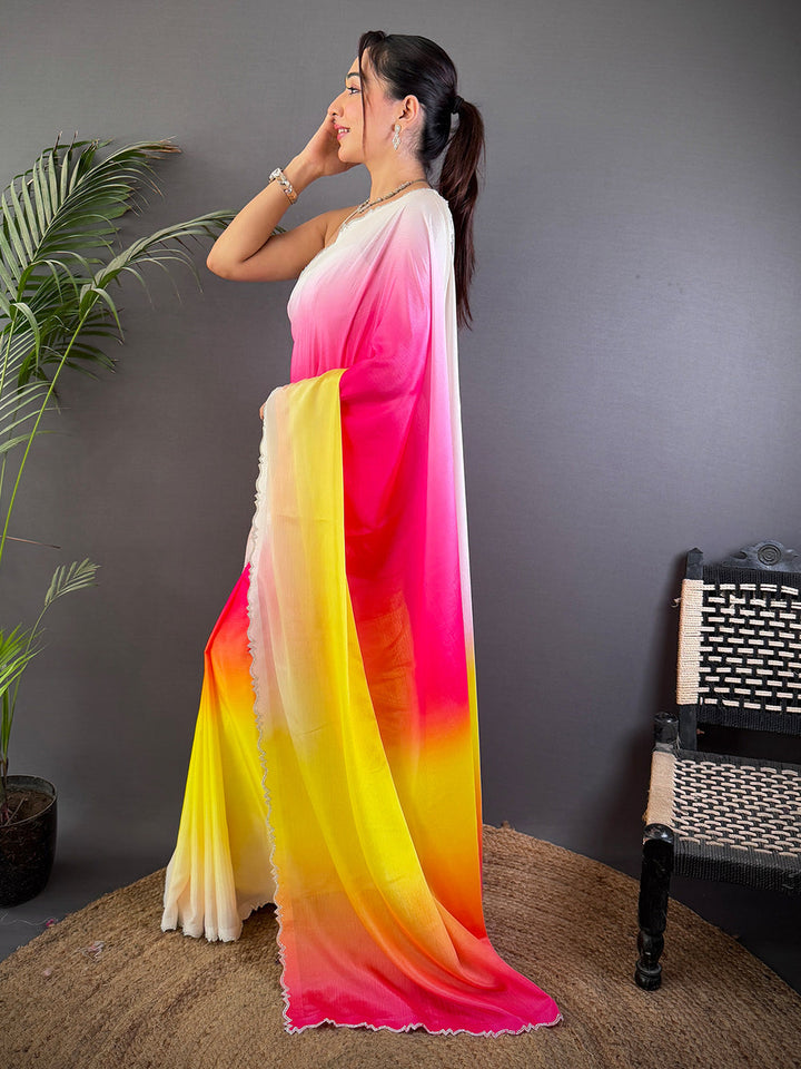 Pink Yellow Ombre Shaded Saree with Lace Border